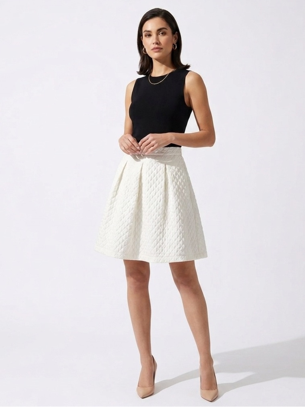Willow & Clay Off White Quilted Midi Skirt 2 Fits 4 Diamond Textured Pleated EUC
